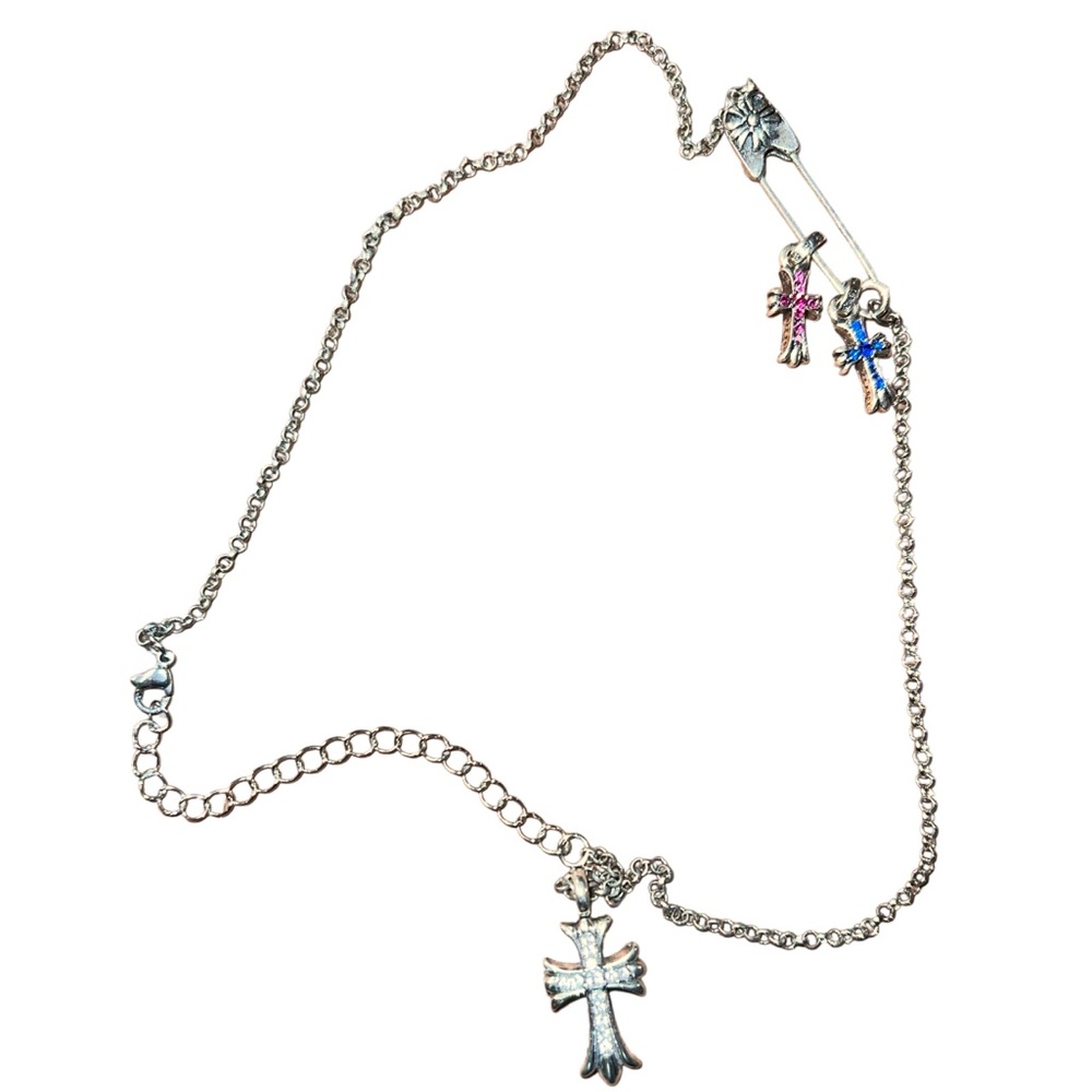 Chrome Hearts Silver Cross Necklace with Pink and Blue Charms